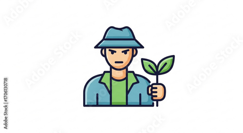 A cartoon man holding a plant, representing gardening, agriculture, and environmental stewardship in a simple and clean style