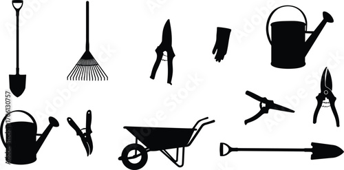 Black silhouette gardening tools vector set including watering cans, pruning shears, shovel, rake, wheelbarrow, garden gloves, and hand tools for outdoor use