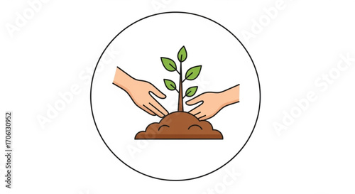 Hands planting a young tree in the soil, symbolizes environmental conservation and sustainable growth with care and nurturing