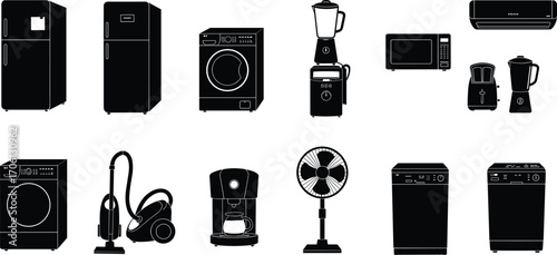 Vector collection of black silhouette household appliances including refrigerators, washing machines, vacuum cleaner, blender, microwave, toaster, coffee maker, fan, dishwasher, and air conditioner