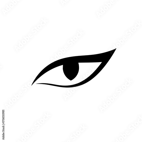 Stylized single eye with elongated shape and dark pupil in a minimalist black and white design style