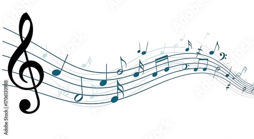 Wavy musical staff with treble clef and notes vector illustration.