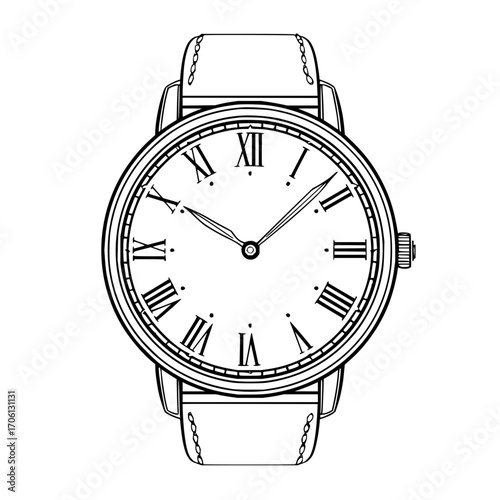 A detailed line drawing of a wristwatch with roman numerals on its face and a leather strap design