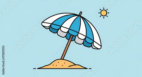 Beach umbrella and sun summer vacation and holiday concept parasol on sand with sunlight for relaxation