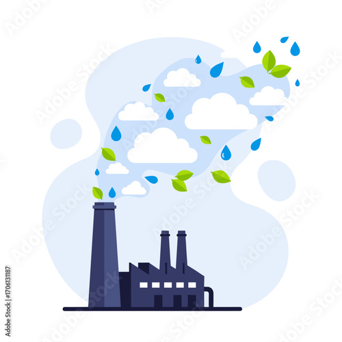 Factory emitting clouds leaves and raindrops symbolizing eco-friendly industry.