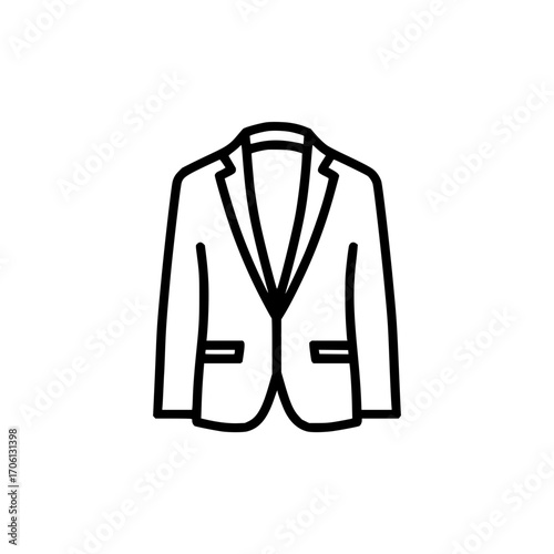 Illustration of a suit jacket with lapels and pockets in a simple black outline on a white background