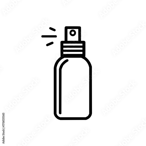 Illustration of a black outline spray bottle with a nozzle and liquid being sprayed to the left side