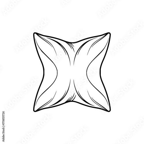 Stylized square pillow with curved edges and subtle shading in a black and white line drawing style