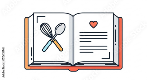 Illustration of an open cookbook with cooking utensils, symbolizing culinary arts, recipes, and a love for cooking