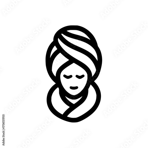 Woman with a towel wrapped around her head and wearing a robe in a spa treatment outline icon
