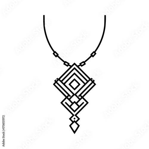 Geometric pendant necklace with diamond shapes and linear design in black and white illustration style