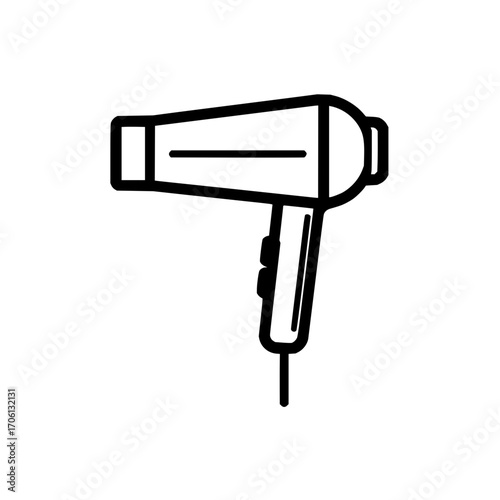 Illustration of a hair dryer with a handle and nozzle in black outline on a white background view