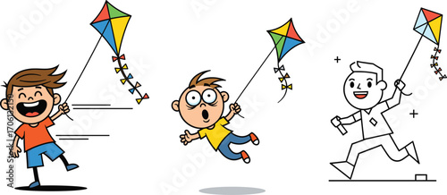 Cartoon kids flying colorful kites outdoors, happy children enjoying playtime activity, fun summer illustration for festival, recreation, and childhood joy