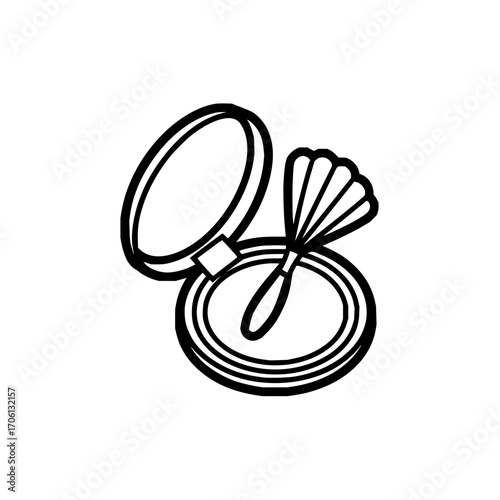 Illustration of a makeup compact with a brush resting on top in a simple black and white style
