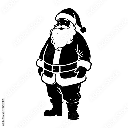 Traditional Santa Claus in black and white sketch style standing cheerfully on a plain white background, representing Christmas holiday spirit
