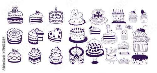 Set of stylized cakes, tarts and cupcakes. Hand drawn cartoon vector black and white sketch illustration