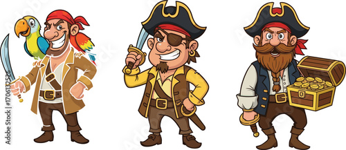 Cartoon pirate characters with sword, parrot, treasure chest and eyepatch, adventurous seafarers illustration for children, fantasy, adventure, costume, and storytelling design.