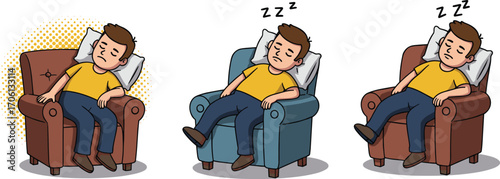 Cartoon vector illustration of tired man sleeping in comfortable armchair, relaxing with pillow, showing rest, fatigue, and peaceful deep sleep.