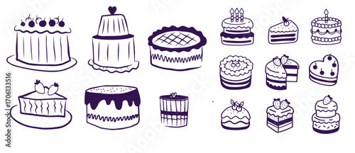 Set of stylized cakes, tarts and cupcakes. Hand drawn cartoon vector black and white sketch illustration