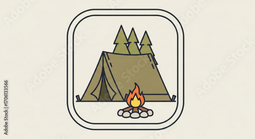 Camping scene with tent, tree, and campfire perfect for outdoor adventure, nature, and recreational activities