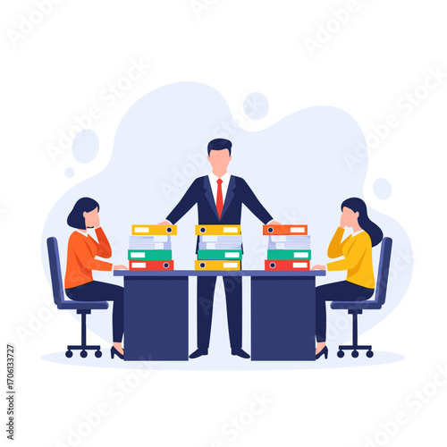 Business meeting with manager and employees discussing documents.