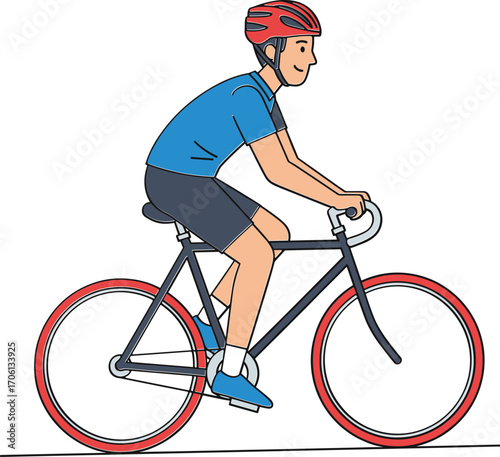 Cyclist riding road bicycle wearing helmet and sportswear, healthy lifestyle man cycling for fitness, outdoor exercise activity vector illustration design