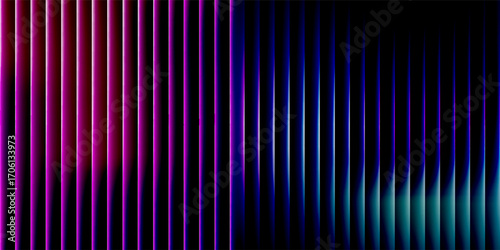 3d transparent ribbed glass background with refraction and holographic effect. Reeded glass with rainbow gradient. Render of corrugated wall with overlay reflection light on dark. 3d vector background