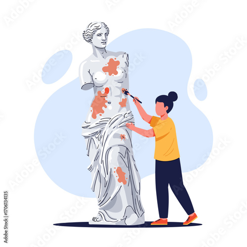 Artist painting a classical statue with vibrant colors.