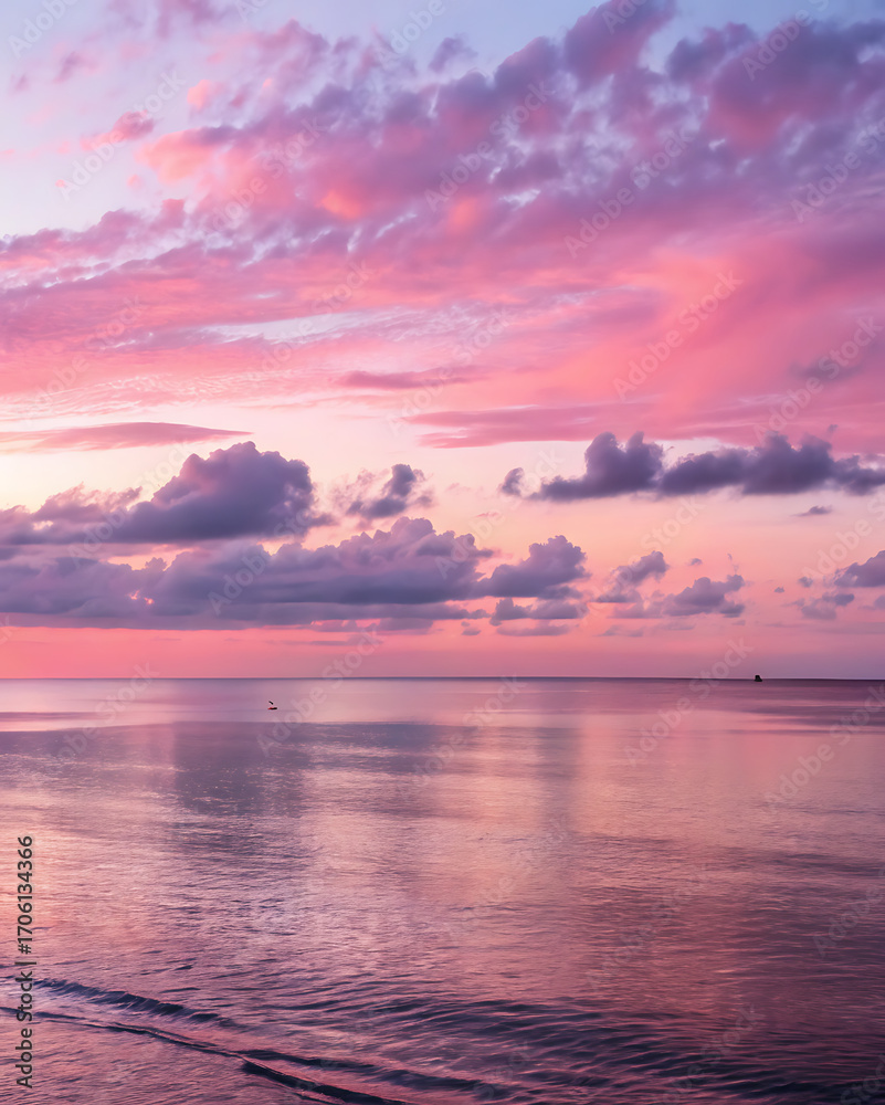 Fototapeta premium Serene ocean horizon at sunset with vibrant pink and purple clouds reflecting on the calm water creating a peaceful and beautiful natural landscape