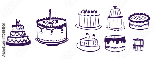 Set of stylized cakes, tarts and cupcakes. Hand drawn cartoon vector black and white sketch illustration
