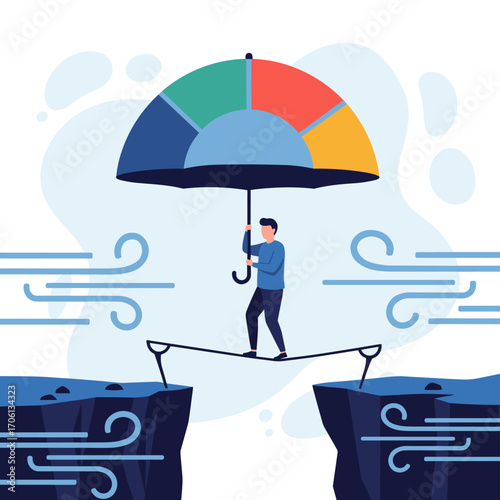 Man balancing on tightrope under umbrella protecting from wind.
