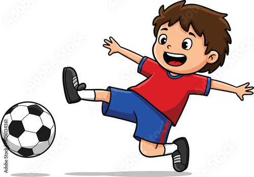 Happy cartoon boy playing soccer outdoors, kicking football with energy and excitement, children sports activity vector illustration design concept.