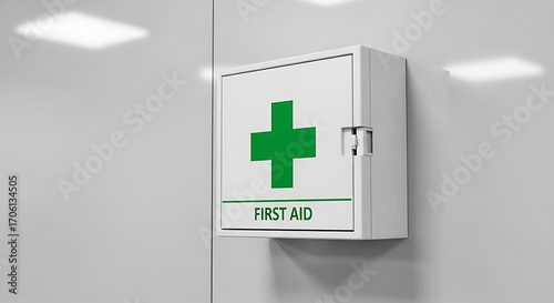 White First Aid Kit Box Mounted on a Light Gray Wall.