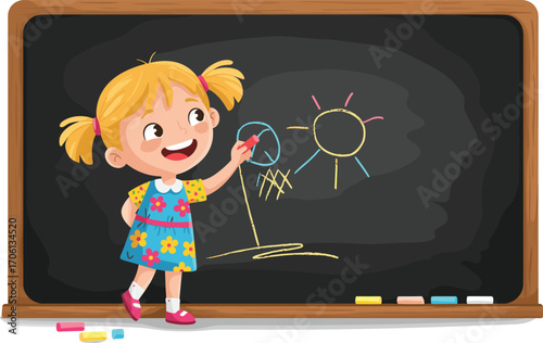 Happy little girl drawing colorful chalk picture on school blackboard, cute child learning creativity education concept vector illustration.