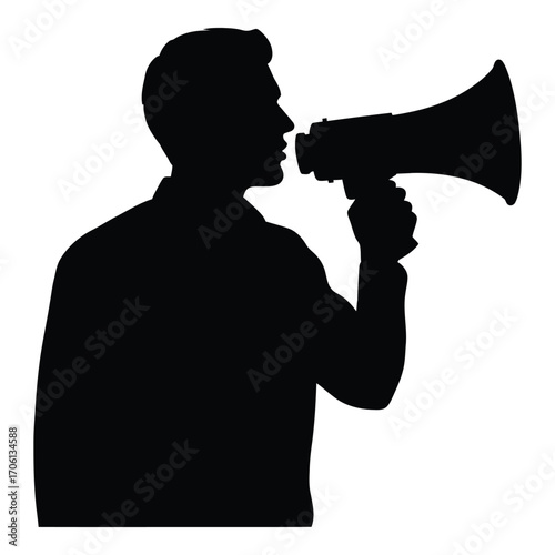 Silhouette of a man holding a megaphone announcing loudly with determined expression silhouette