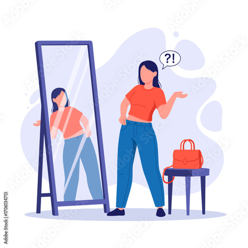 Woman looking in mirror confused about outfit choice.