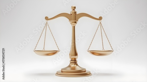 Golden justice scale on white background, elegant 3D render symbolizing law, fairness, balance, and legal impartiality in minimalist style