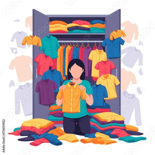 Woman Organizing Clothes in a Closet with Piles of Clothing.