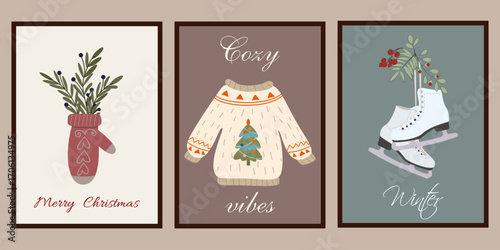 Winter posters Trendy wall art with various subjects in simple flat style.  A set of holiday cards. Christmas illustrations in vector	
 Modern naive interiors, paintings. Vector modern posters