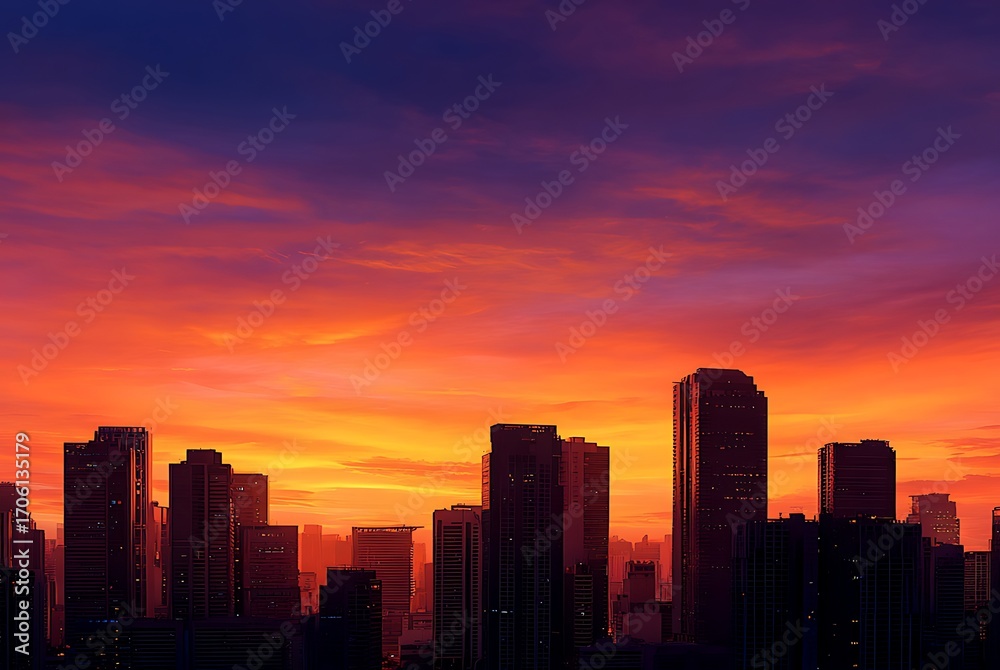 Fototapeta premium Singapore city skyline at sunset with skyscrapers and office buildings against a vibrant sky