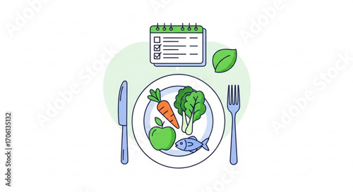 Healthy eating plan, featuring a balanced diet with vegetables, fruit, and fish for wellness and nutrition