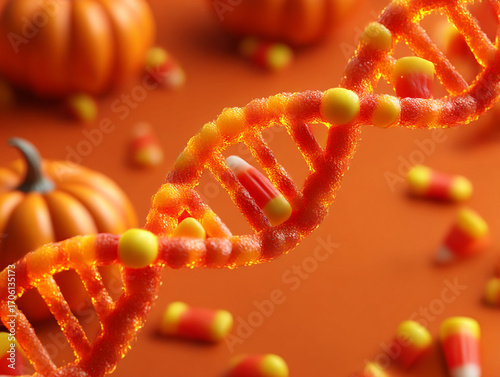 Candy DNA. DNA helix made of candy corn and pumpkins, on orange background.