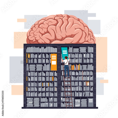 Giant Brain on Bookshelf with Person Climbing Ladder.