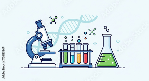 Scientific research and laboratory equipment, including microscope, test tubes, flask, and dna model, for science education
