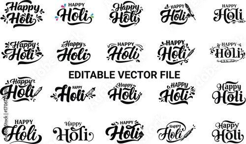 Happy Holi Calligraphy Vector Design Set