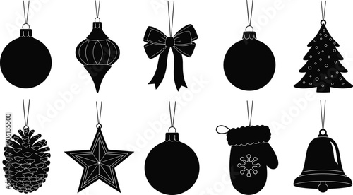 Black Silhouette Christmas Ornaments Hanging by Strings – Festive Holiday Decorations Including Baubles, Tree, Star, Bell, Mitten, Pinecone