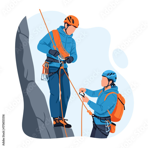 Rock climbing instructors teaching safety techniques to students.