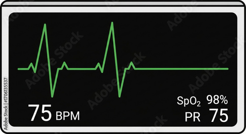 Heart rate monitor screen displaying vital signs, including bpm and oxygen saturation, indicating patients health status and medical monitoring
