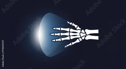 Illustration of skeleton hand with light effect on dark background, representing xray, medical imaging, or anatomy
