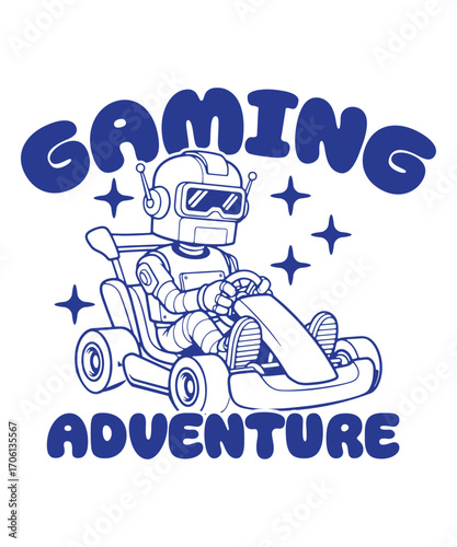 Cute Robot Kart Racer Gaming Illustration Fun Vector Art for Gamer Merch and Kids Products
